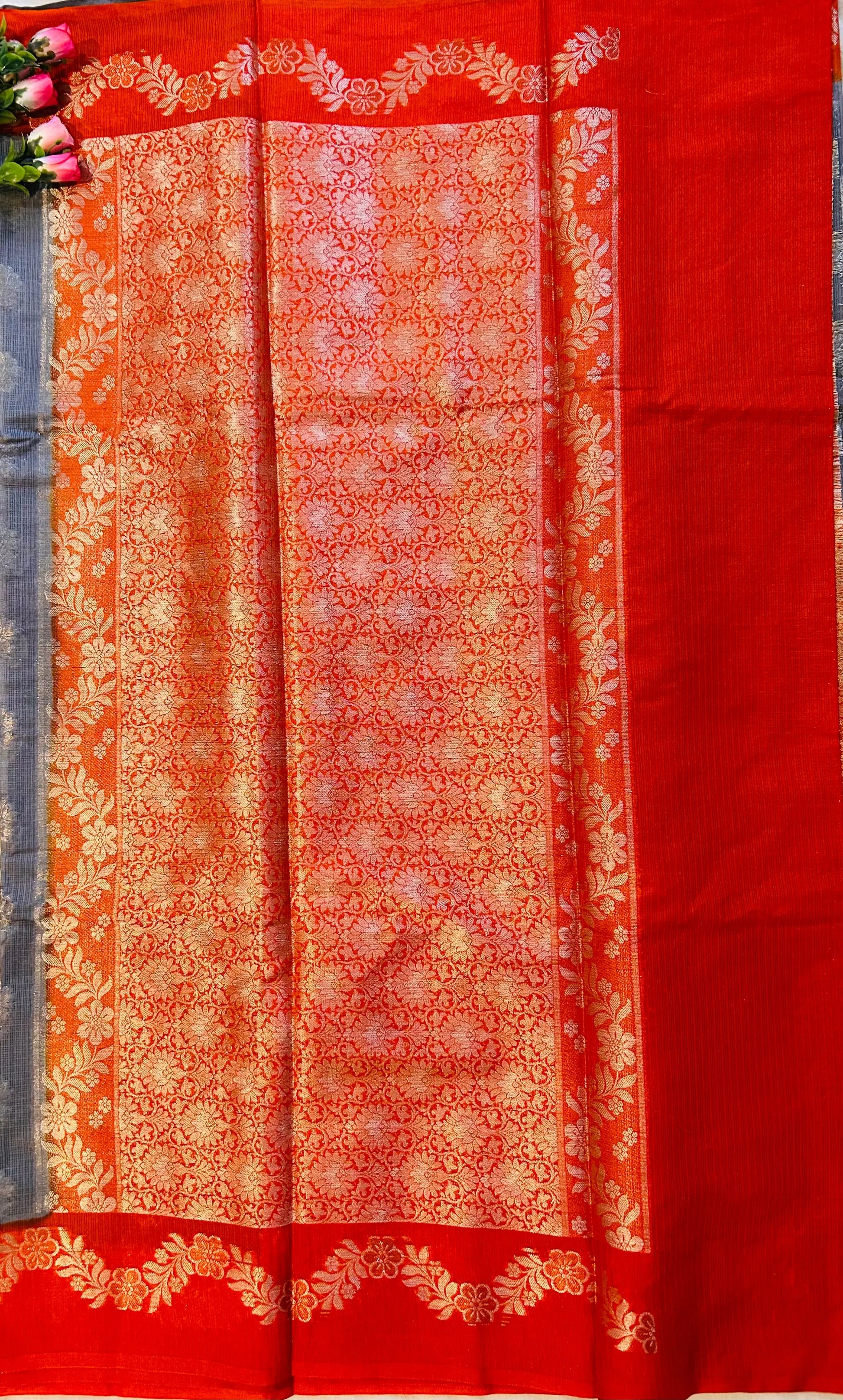 Grey and Orange Combo color Kota Saree with Banarasi weaving Mandira Silks