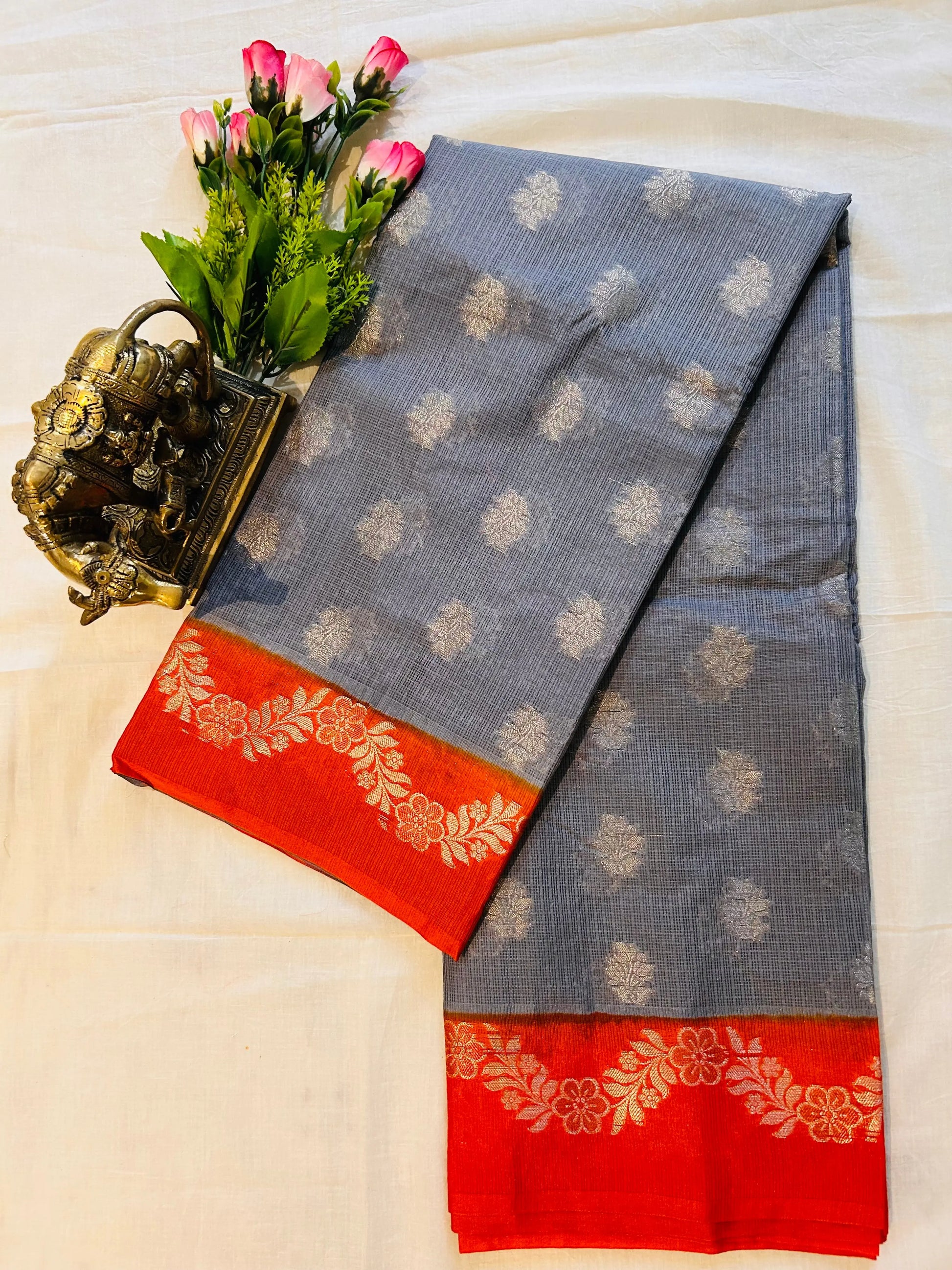 Grey and Orange Combo color Kota Saree with Banarasi weaving Mandira Silks