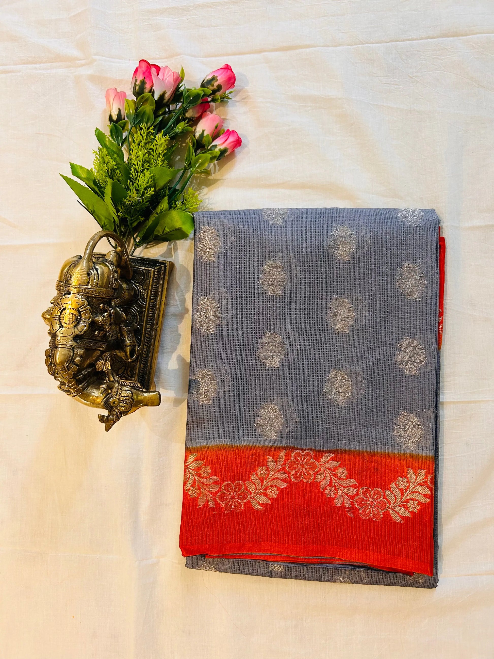 Grey and Orange Combo color Kota Saree with Banarasi weaving Mandira Silks
