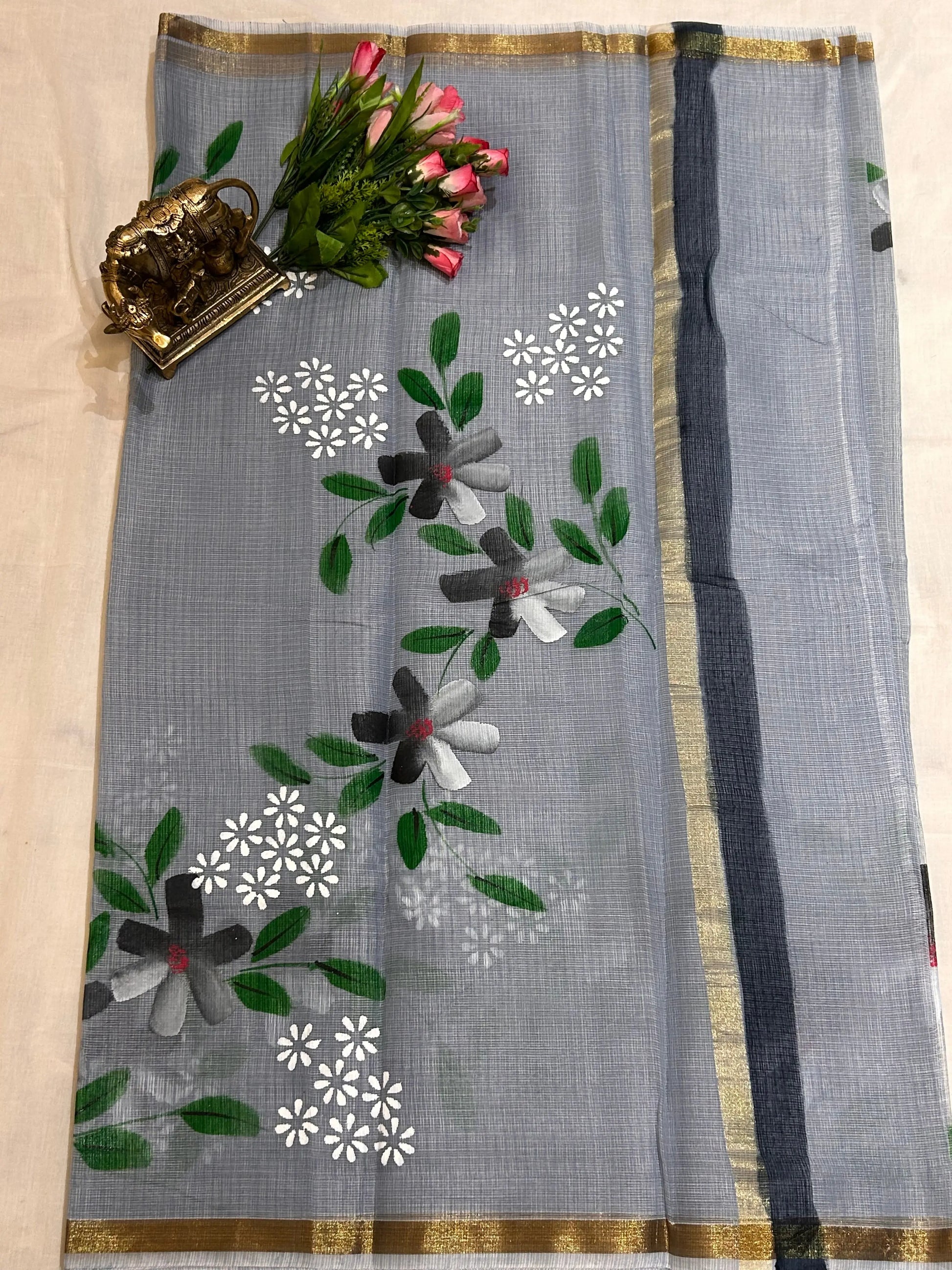 Grey Color Kota saree with floral Hand paint Mandira Silks