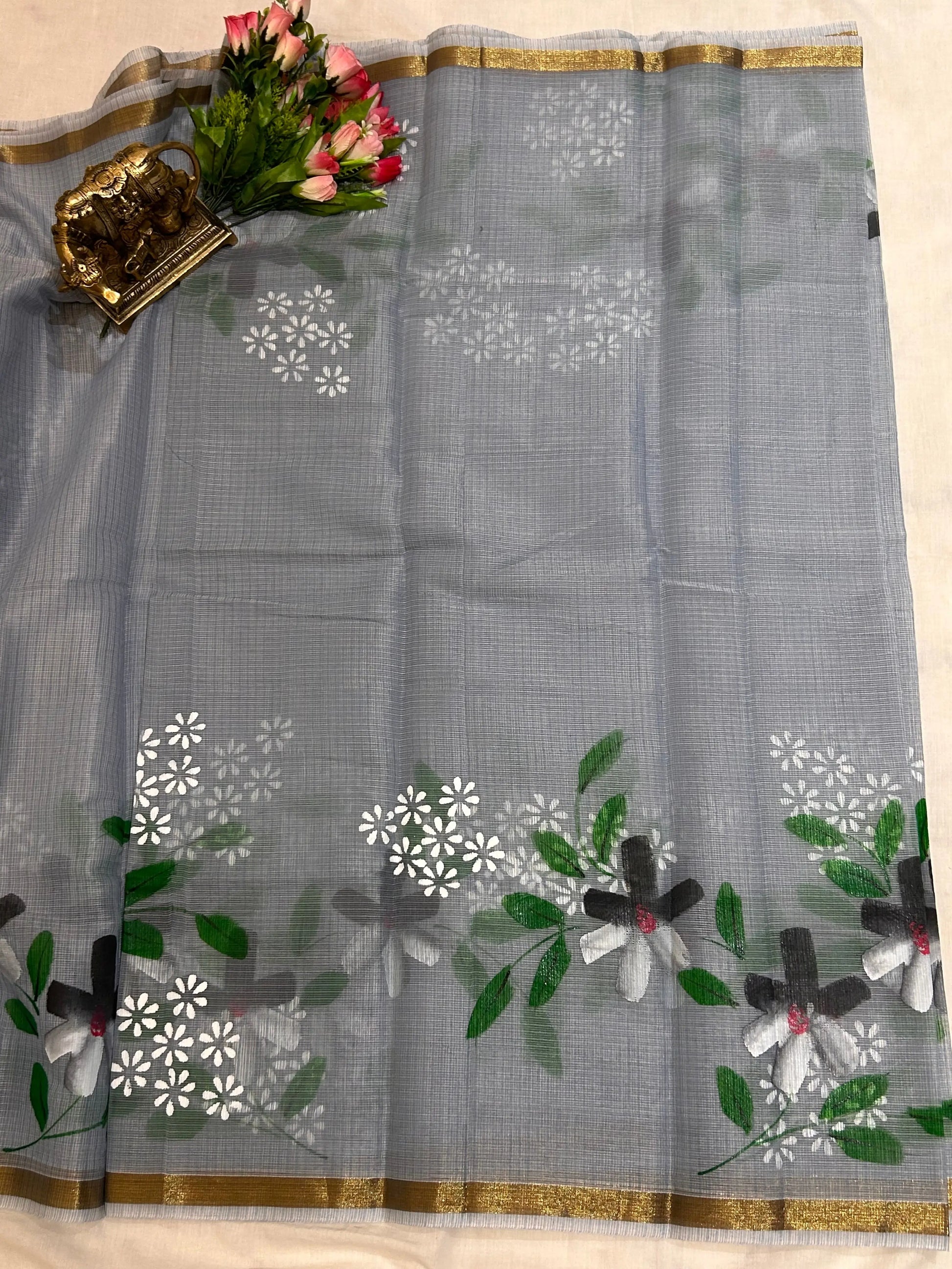 Grey Color Kota saree with floral Hand paint Mandira Silks