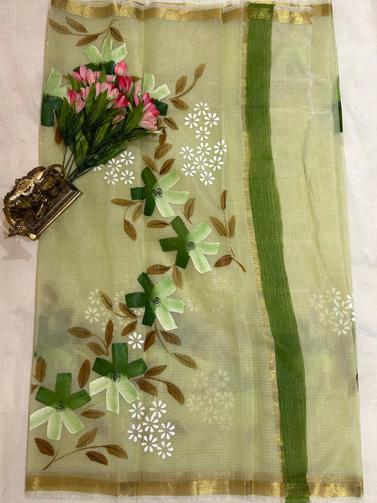 Green Color Kota saree with floral paint Mandira Silks