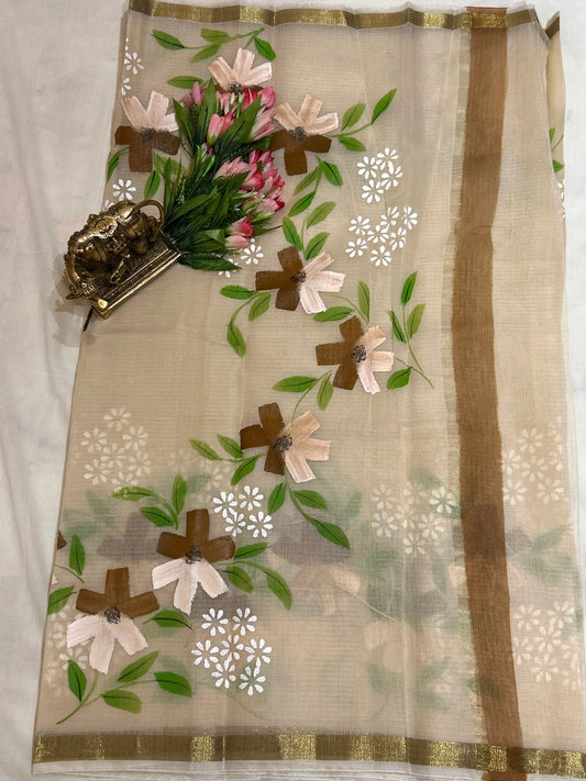 Beige Color Kota saree with floral hand paint Mandira Silks