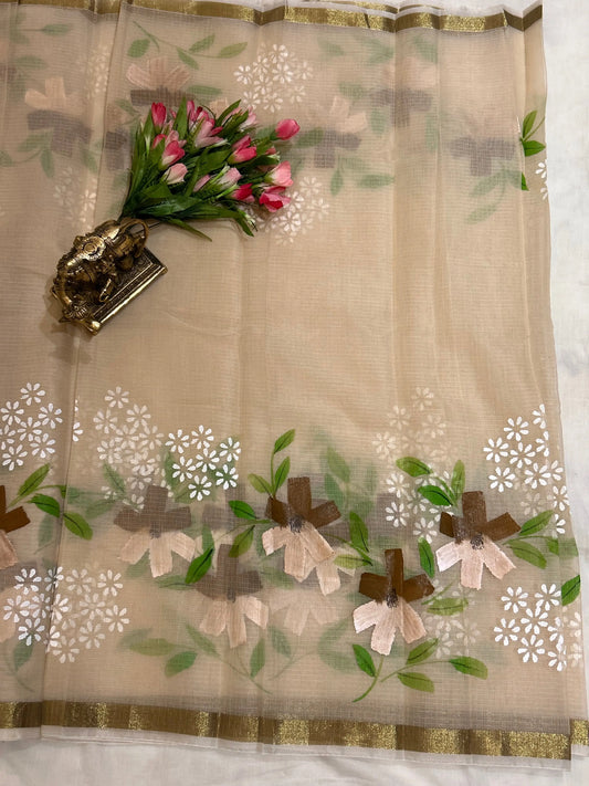 Beige Color Kota saree with floral hand paint Mandira Silks