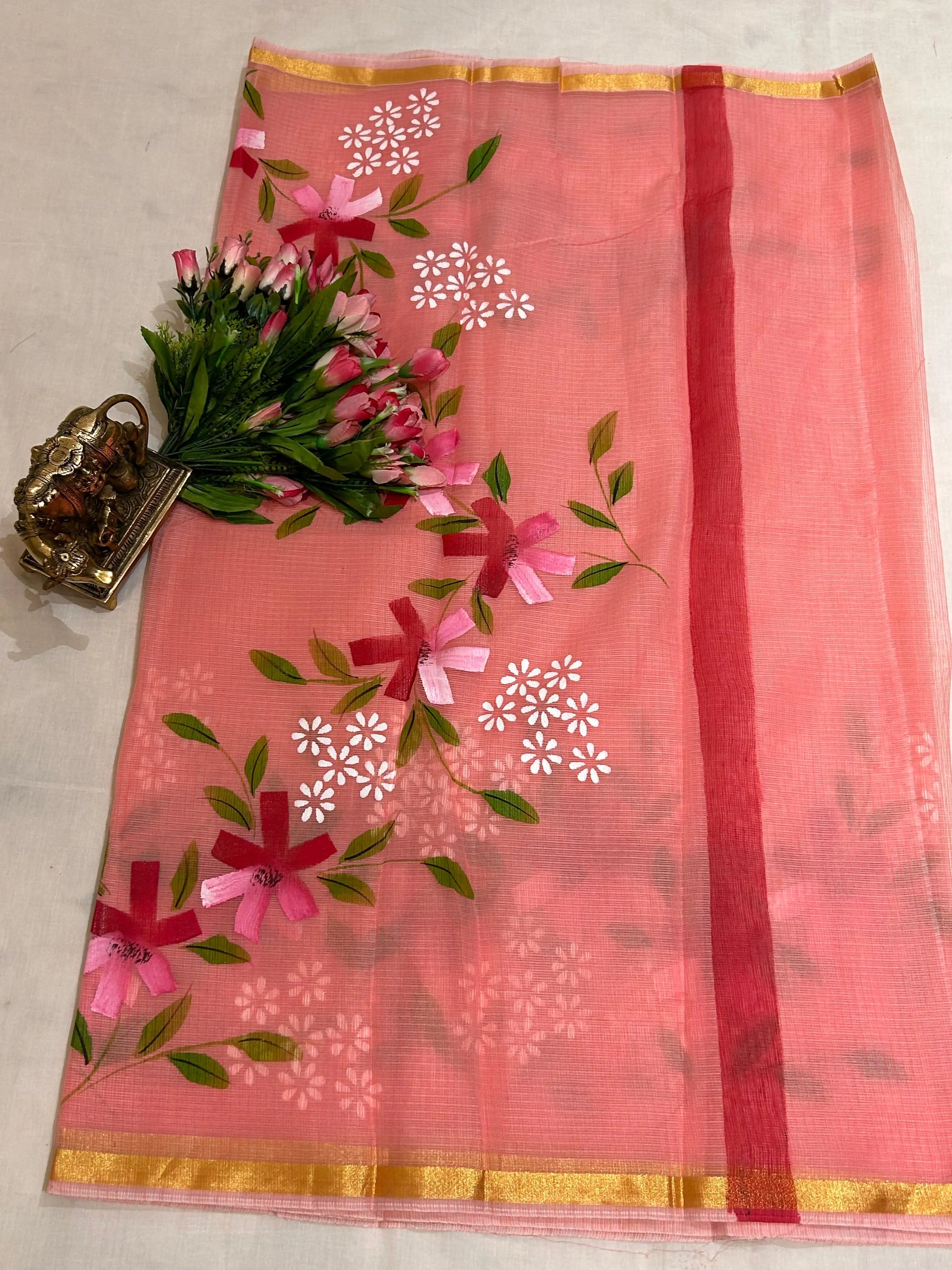Pink Color Kota saree with floral hand paint Mandira Silks