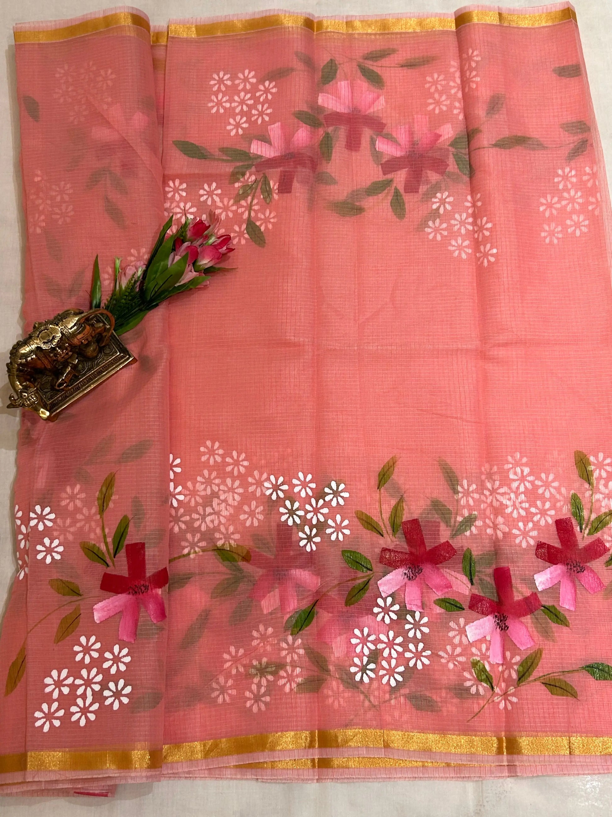 Pink Color Kota saree with floral hand paint Mandira Silks