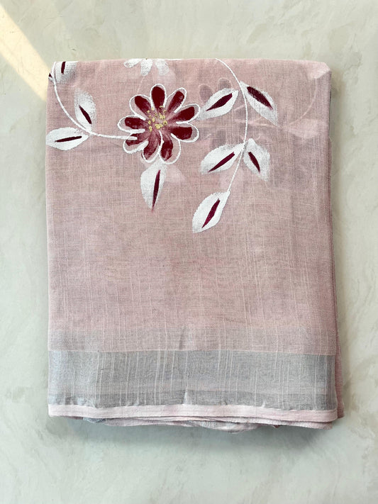 Pale Pink Color Linen Hand block printed Daily Wear Saree