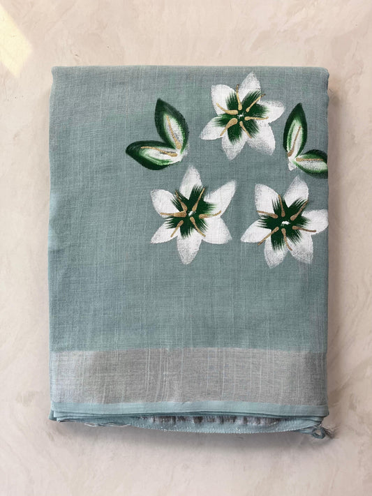Pale Blue Color Linen Hand block printed Daily Wear saree