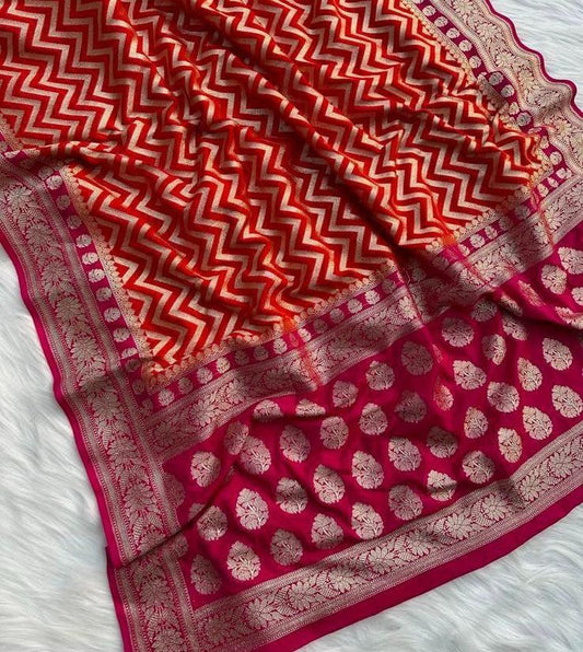 Vibrant Orange Banaras Saree - Rangkat Pattern