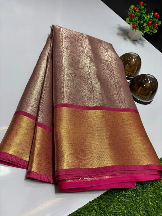 Pink Color Tissue Tanchui Saree - Embossed Design