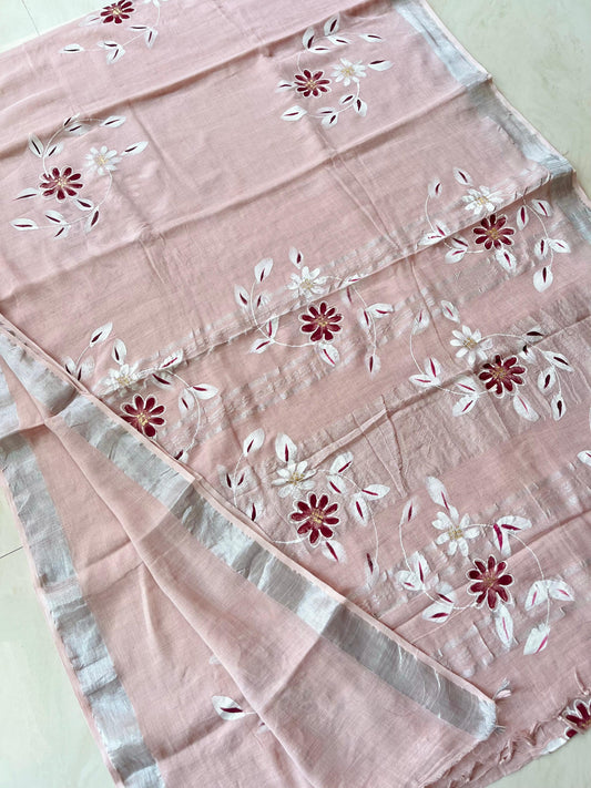 Pale Pink Color Linen Hand block printed Daily Wear Saree