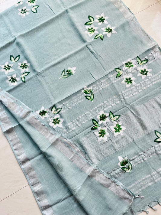 Pale Blue Color Linen Hand block printed Daily Wear saree
